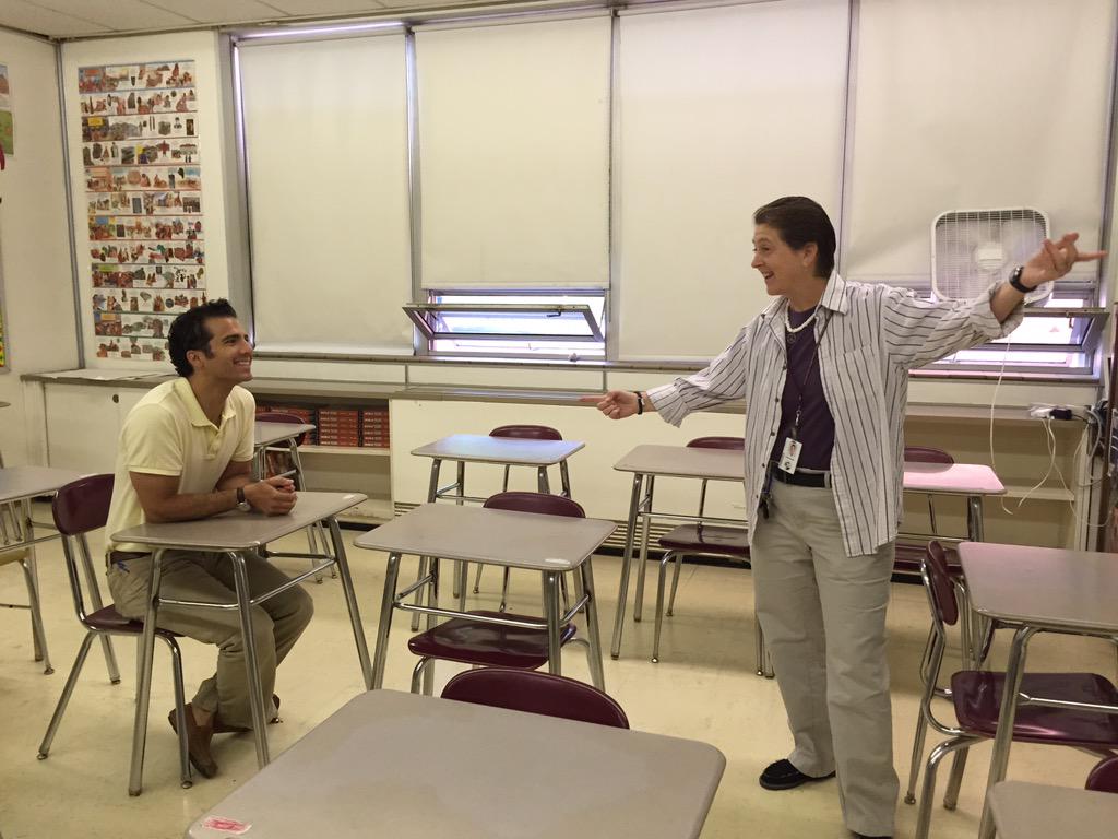 Schiaviography's tweet photo. Ms. Bowersox and I recreating social studies class, 17 years later in the same room, same seat. #documentthestate http://t.co/xGkzCJ1NXH