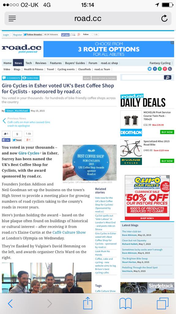 Great coverage for winners <a href="/GIRO_Cycles/">G!RO</a> &amp; top 10 Best Coffee Shops For Cyclists from <a href="/roadcc/">road.cc</a>