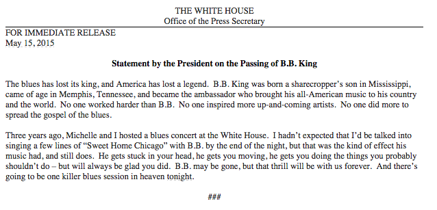 DanielStrauss4's tweet photo. Obama statement on B.B. King http://t.co/hDQ4A6rsWt