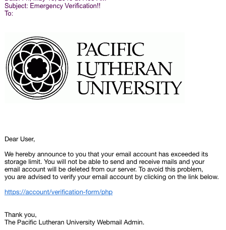 PLUHelpDesk's tweet image. Oy, another nasty phishing email. This one looks really convincing. If you clicked on the link, call 253 535 7525