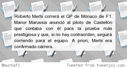 muchaF1's tweet image. #F1 Roberto Merhi correrá?el GP de Mónaco j.mp/1Jl6vVq
