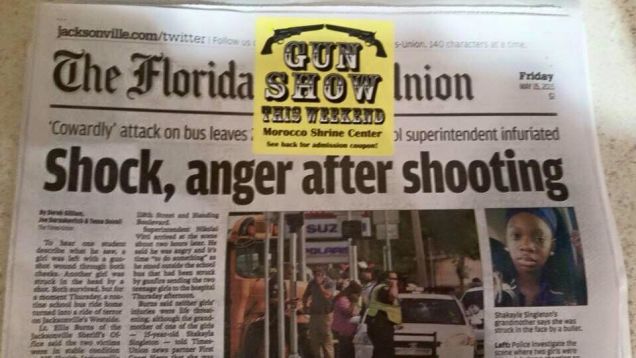 Gawker's tweet photo. Florida newspaper really, really regrets this front-page gun show ad. http://t.co/owLyhnXUd3 http://t.co/wZKCVc0pvf