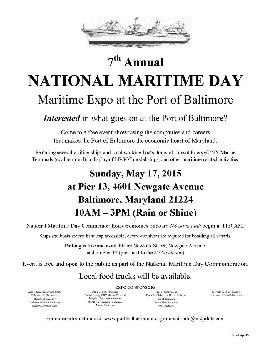 portofbalt's tweet photo. This Sunday, celebrate National Maritime Day @portofbalt! This free event promises to be even bigger than last years! http://t.co/SgBmfk01qM