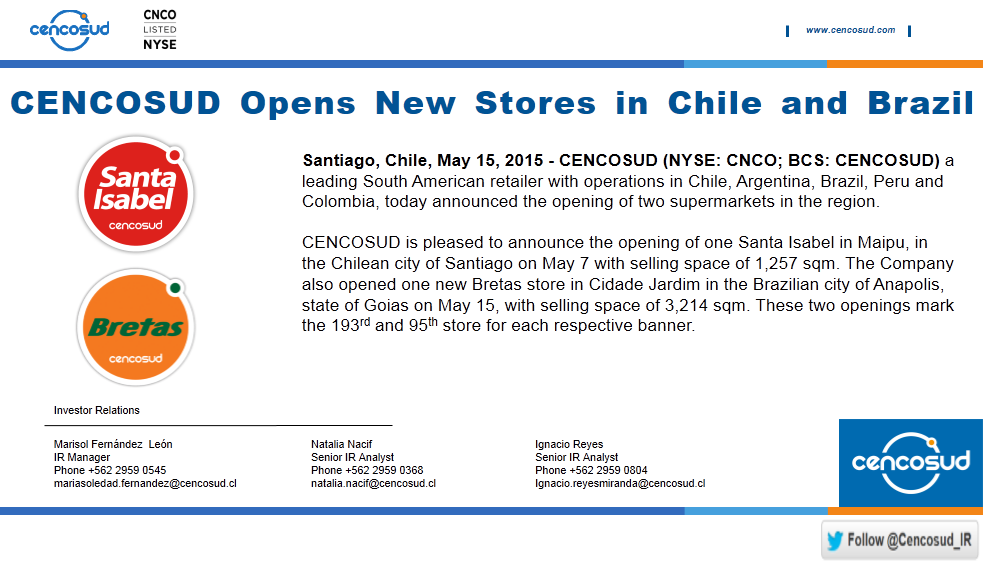 Cencosud_IR's tweet photo. #Cencosud opens new #SantaIsabel and #Bretas stores http://t.co/lwrt0woUH7