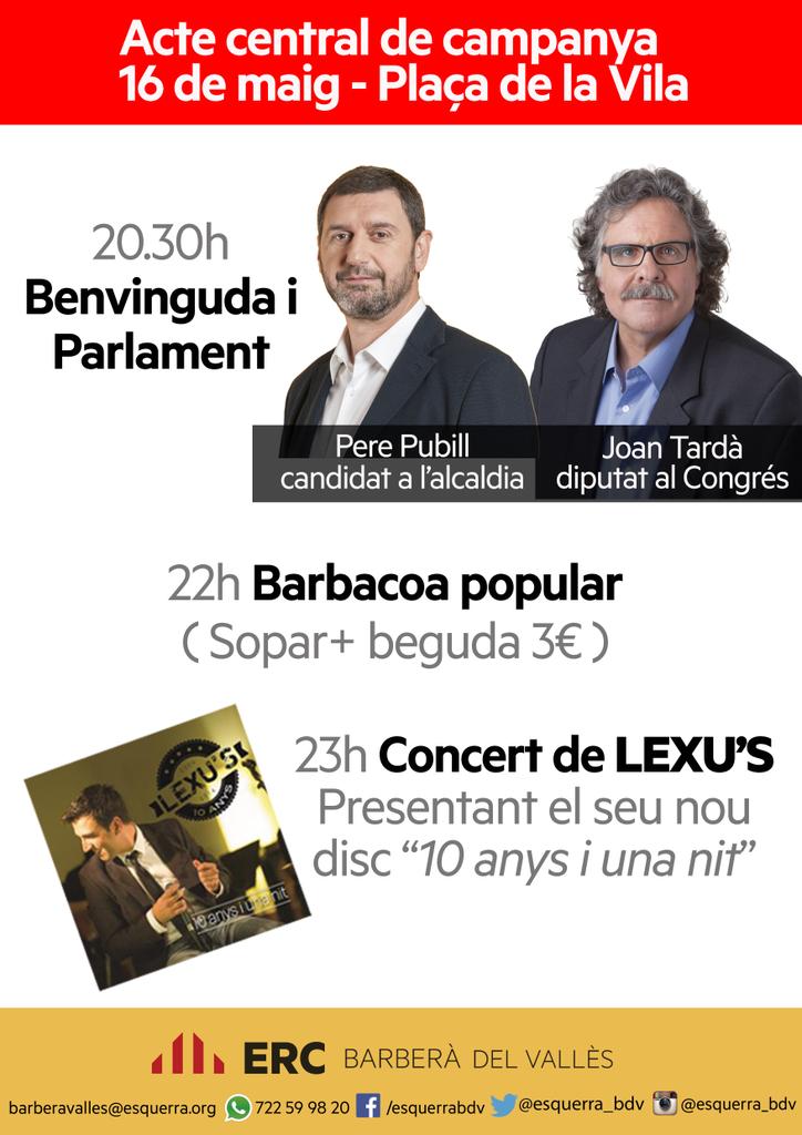 ERCBarbera's tweet photo. Demà t'esperem a la plaça de la vila! Tindrem en @JoanTarda @perepubill , botifarrada popular i música de @gruplexus http://t.co/wUn2KcWltc