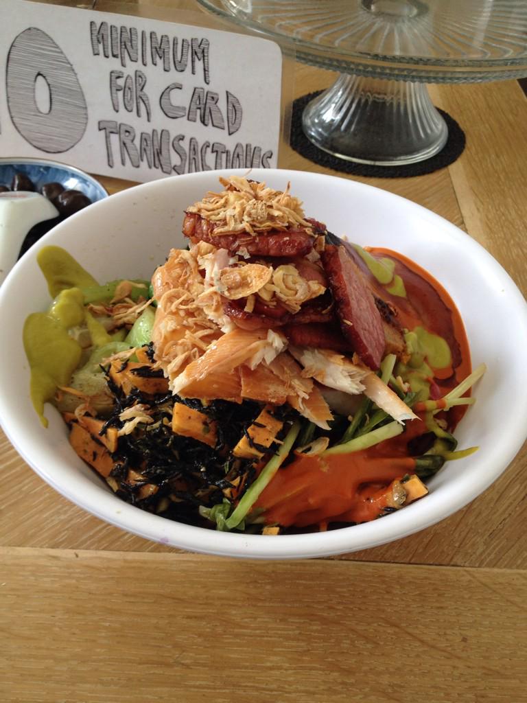 NhaMinhLLC's tweet photo. The Emperor Bowl! Two servings of pickled and seared vegetables, smoked trout, bacon beef and the Nha Minh blend. http://t.co/fuQqLCVmmS