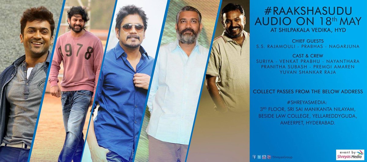 vamsikaka's tweet photo. Get ready 4 Suriya's #Raakshasudu audio launch on May 18. 
@Suriya_offl @kegvraja @Cinemainmygenes #Masss #Nayantara http://t.co/GFb3oRS07G