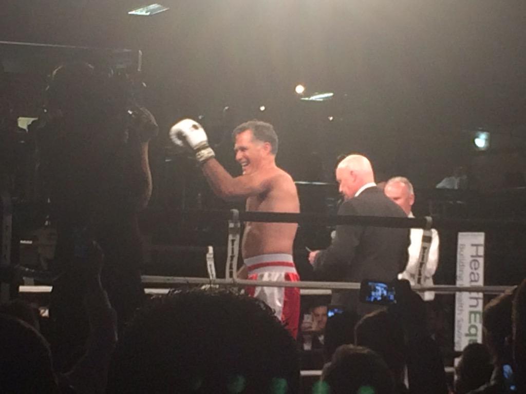 AnthonyNBCNews's tweet photo. And now... a shirtless @MittRomney in the ring for @CharityVision #Fight4Sight http://t.co/hRcTiTcVab