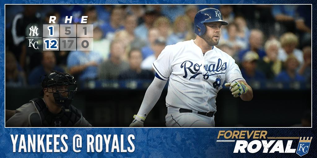 Royals's tweet photo. RECAP: @Mooose_8, Lorenzo Cain lead hit parade as #Royals rout Yankees. http://t.co/cHj7Xp7MiG #ForeverRoyal http://t.co/4702x354vt