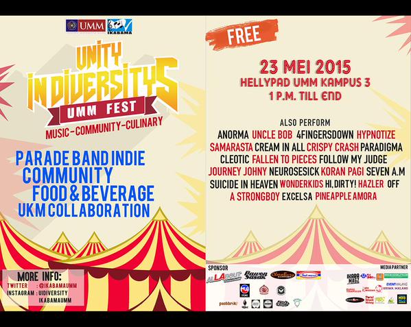 Unity In Diversity 5! Food n Beverage Bazaar!
Langsung dari Hellypad UMM, 23 Mei! Free entry!! info: <a href="/IkabamaUmm/">IKABAMA UMM</a>