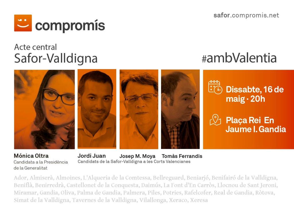 CompromisSafor's tweet image. .@monicaoltra, a l&apos;acte central comarcal: esta vesprada a #Gandia, a les 20h, a la plaça rei Jaume I #ambValentia
