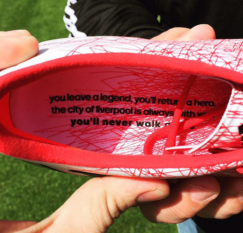 FootballFunnys's tweet photo. A touch of class from adidas , Who have left a message inside Steven Gerrard's boots for his last game at Anfield. http://t.co/OFI3H9XhvS