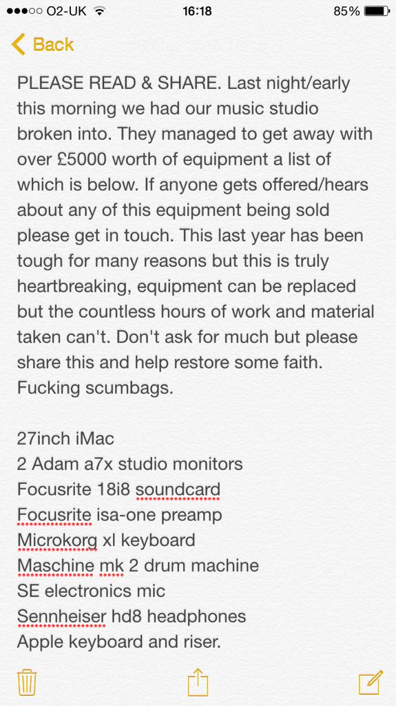 _Blacksmith's tweet photo. Last night we had our music studio broken into detailed below. fucking scumbags. PLEASE RETWEET http://t.co/s6ee26qasV