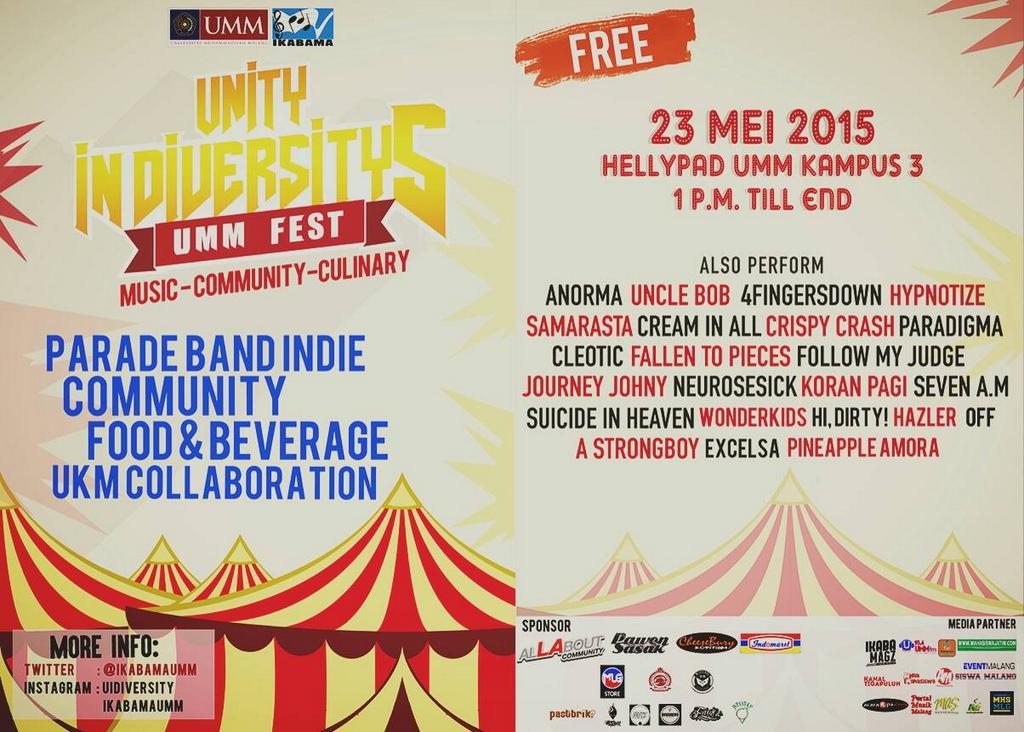 UNITY IN DIVERSITY 5 "UMM FEST". 23 Mei 2015 at Hellipad UMM Malang.
Support n respect. Info : <a href="/IkabamaUmm/">IKABAMA UMM</a>