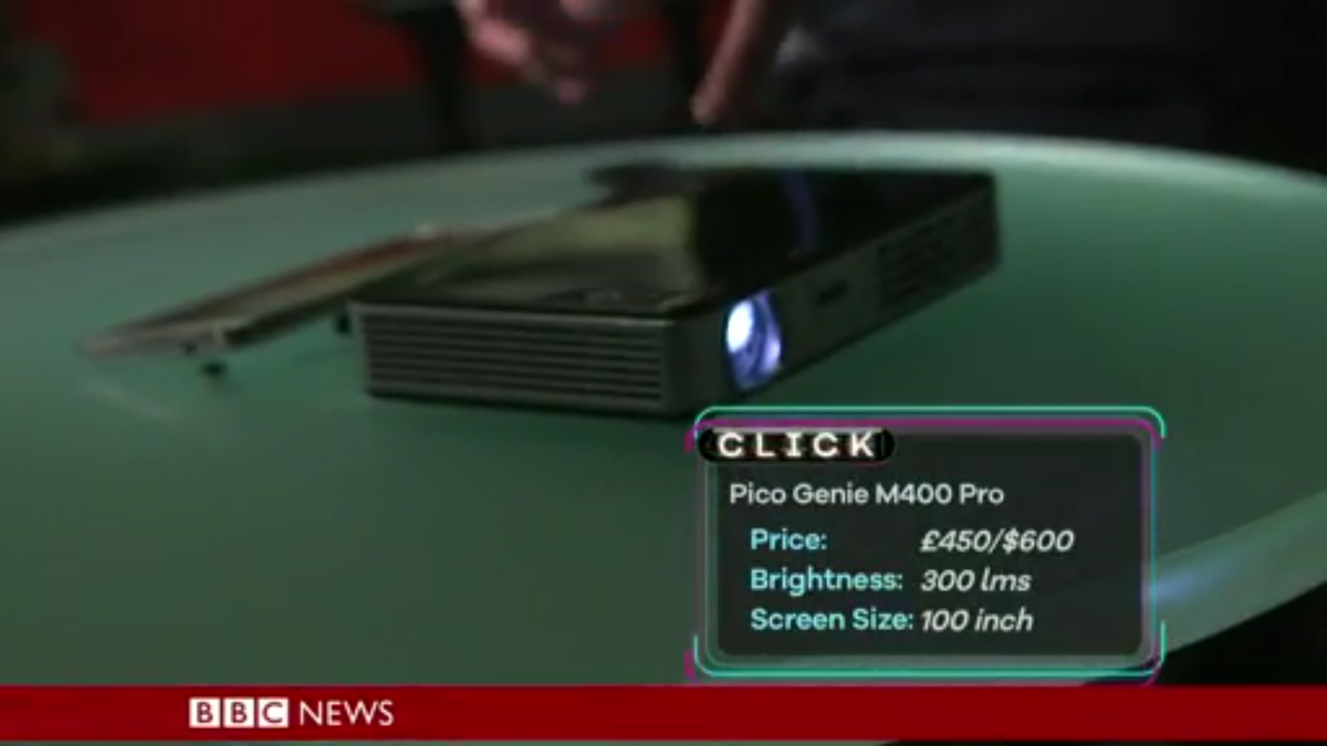 WhatPico's tweet photo. BBC Clicks personal projector review Pico Genie M400 Pro is "pick of the bunch" screen mirroring your mobile phone http://t.co/wZpi8B8Ah7