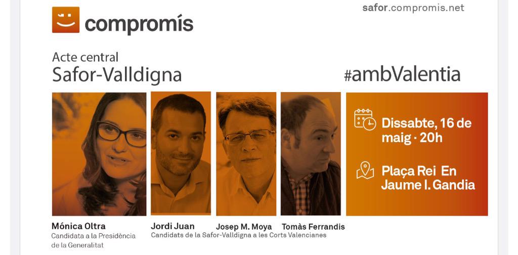 monicaoltra's tweet image. Esta vesprada ens veiem a Gandia a l&apos;acte central de @CompromisSafor i la Valldigna #ambValentia