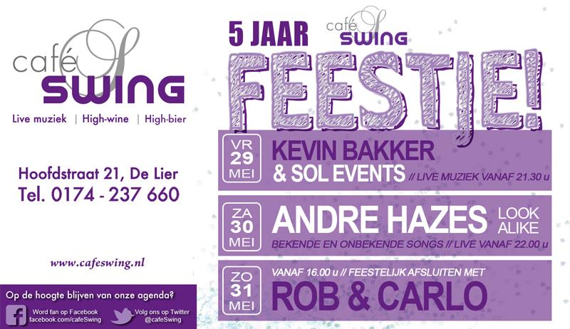cafeSwing's tweet photo. Café Swing bestaat 29,30 en 31 mei 5 jaar: reden voor een #feestje! Met @KevinCBakker @Sol__Events en @robencarlo http://t.co/rkJewrm7GV