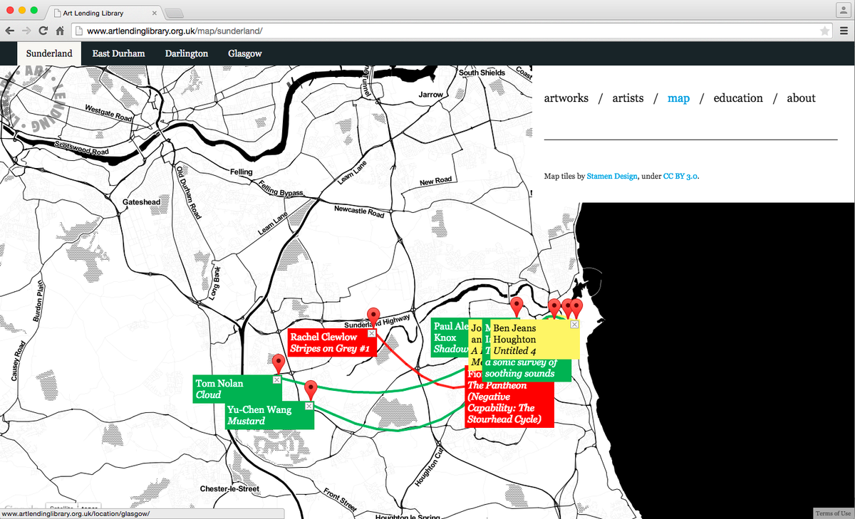 Artyoucanborrow's tweet photo. Where do our artworks go? This image is from our live online map, thanks to designers @sebastiangorton &amp; @sophiecdyer http://t.co/WWBwT4kaD1