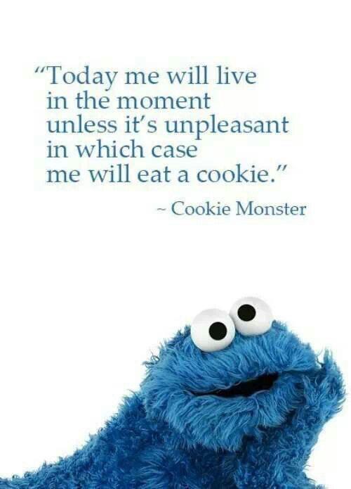 A quote is above a picture of Cookie Monster. The quote says "Today me will live in the moment unless it's unpleasant in which case me will eat a cookie."
The image is from https://twitter.com/dharmawave/status/599650726063828992
