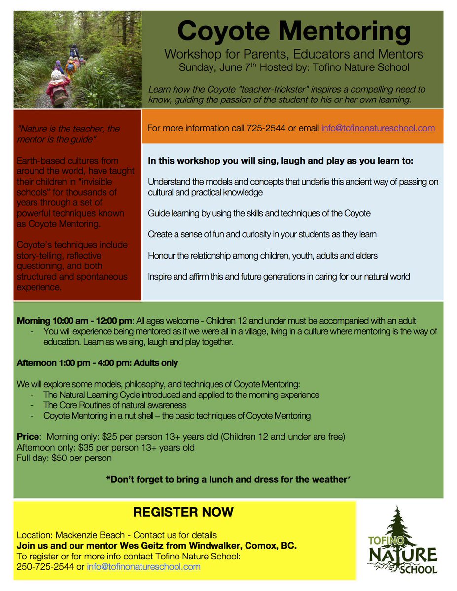 <a href="/tofinonaturesch/">Tofino Nature Kids</a> is hosting Coyote Mentoring June 7th at MacKenzie Beach. 
#coyotementoring
#tofinonatureschool