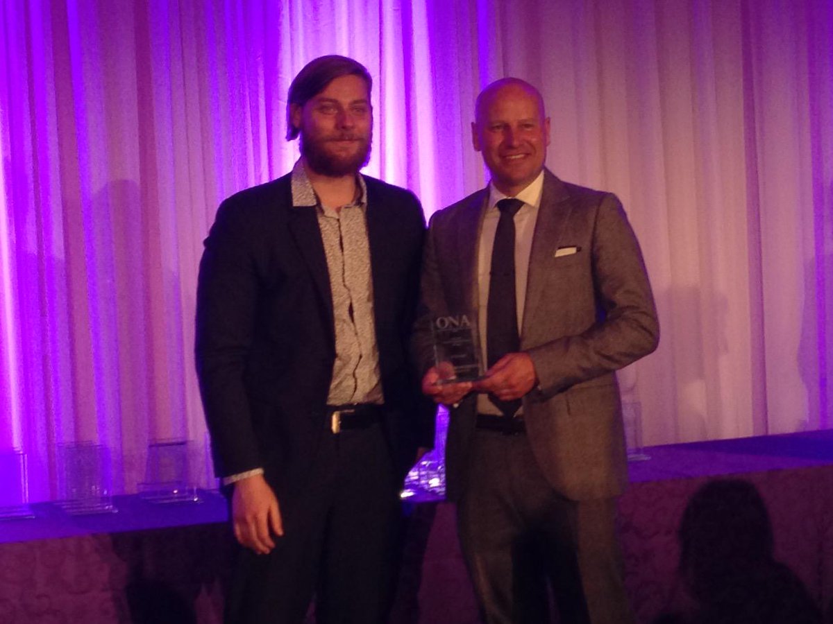fishinggal30's tweet photo. Matt Moir of @CollegeofTrades hands out awards at @ONAwards #media #hamilton http://t.co/LVk8nGZJtC
