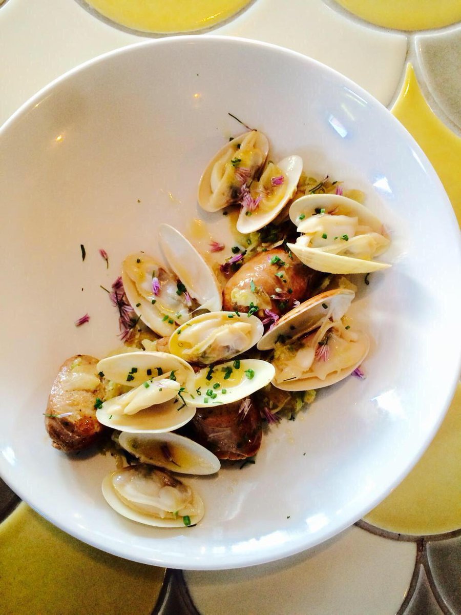 A10hydepark's tweet photo. New clam dish -- Sunray Venus clams, chorizo, fennel, jalapeño, green garlic, chive blossom. http://t.co/IOy8CM0Ja7