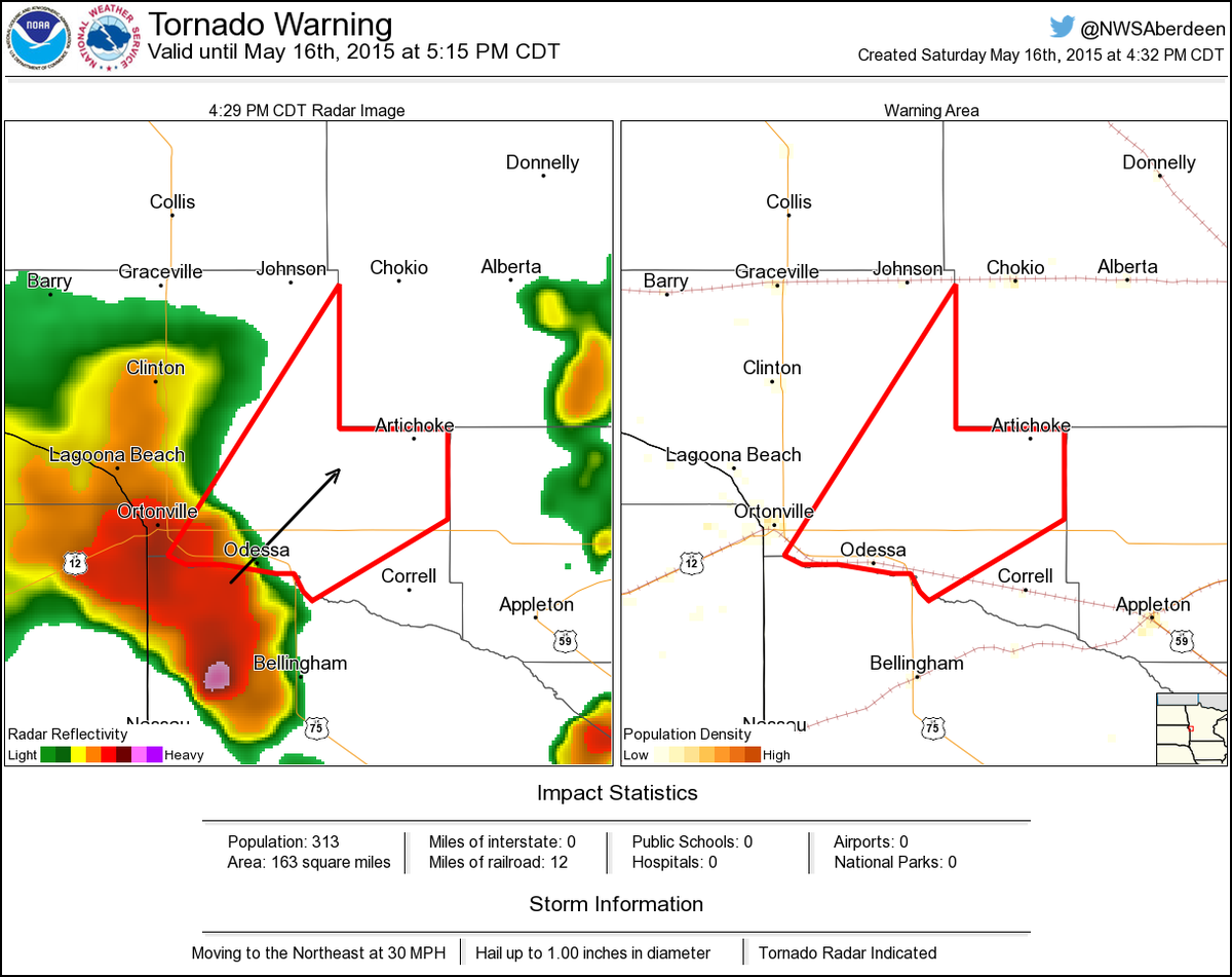 NWStornado's tweet photo. Tornado Warning including Artichoke MN, Odessa MN until 5:15 PM CDT http://t.co/LrMbJWs5Hi