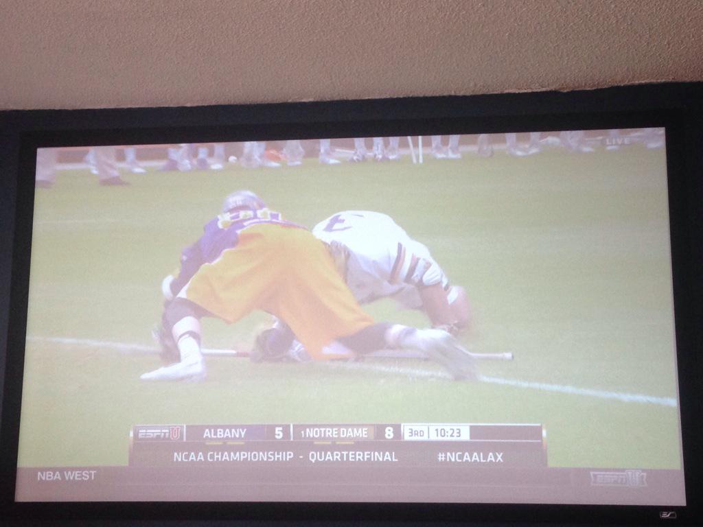 FaceOffClub's tweet photo. #FOCplayer matchup on the big screen in the #NCAALAX D1 quarters. @pauljohn_31 vs @PSwayzee http://t.co/gOtU8rknzJ