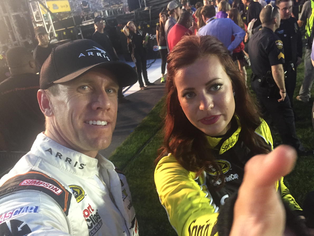 MissSprintCup's tweet photo. You just can't teach them everything! Trying to give #CarlEdwards a selfie lesson before driver intros! Ha! -MM http://t.co/0Fr1VMiuFV