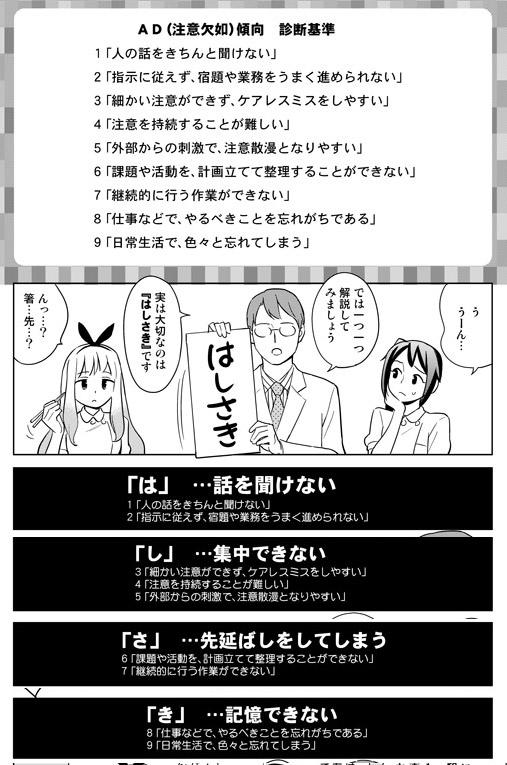 【ADHDの診断基準】この9コのうち5コがYESなら「注意欠如」の傾向があります。「はしさき」と覚えましょう。