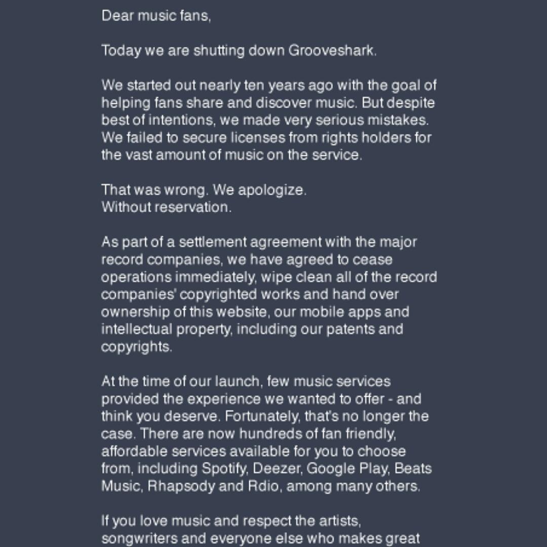stageHuddle's tweet image. #Grooveshark has been shut down due to artists not being paid from their platform. Seems like if they really felt +