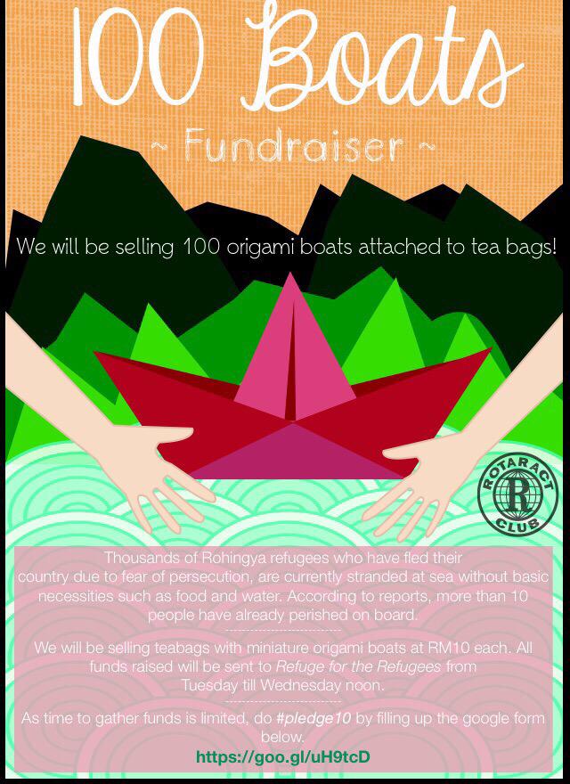 TCSHRotaract's tweet image. TQ TCSH'ians, we've reached 100! 💜 Let's continue to raise more: bit.ly/1Flb0h1 #pledge10 for the #Rohingyas