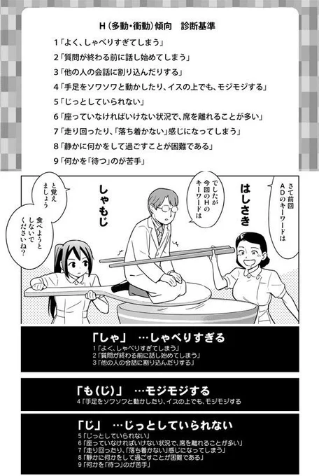 【ＡＤＨＤの診断基準】この９コのうち５コがＹＥＳなら「多動」の傾向があります。「しゃもじ」と覚えましょう。  