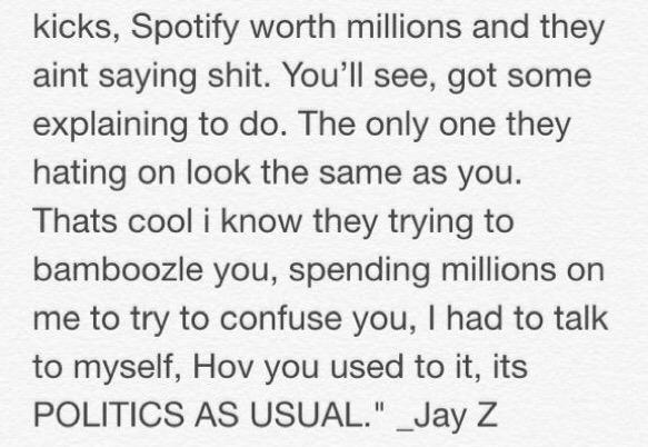 SpotlightFirst's tweet image. Jay-Z's exclusive freestyle last night during his #TIDALXJAYZ performance hitting at YouTube, Spotify, Nike &amp;amp; Apple.