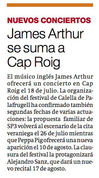 CapRoigFestival's tweet photo. Noves incorporacions al cartell @JamesArthur23 i noves dates per @AlejandroSanz y #CapRoigMini!! T'ho perdràs? ;) http://t.co/1XPMg5ZW4W