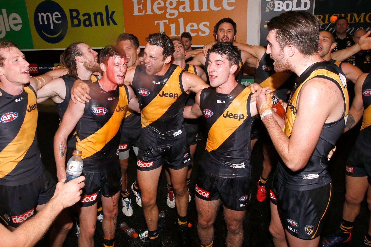 Richmond_FC's tweet photo. A moment to savour for Tiger cubs Menadue, Elton, Ellis &amp; McBean; their 1st team song. Watch: http://t.co/XLxvzNDrsT http://t.co/ZUK12plsqk