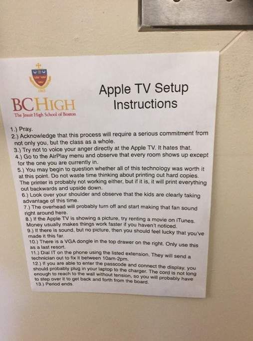 BCHighOnion's tweet photo. IT posting instructions for connecting Apple TV in classrooms #Top10 http://t.co/MfiUPkWjKP
