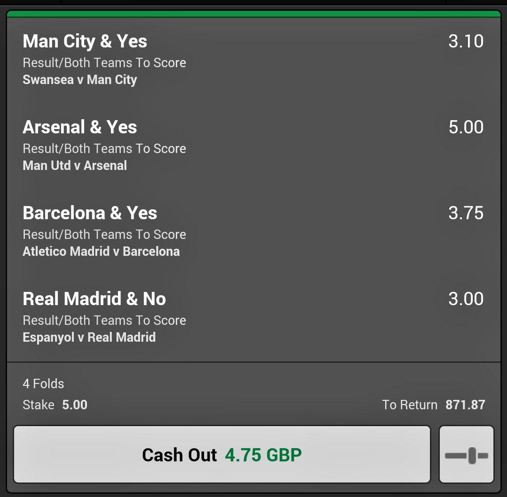 FootyTipsZone's tweet image. Results and BTTS acca! 

City &amp;amp;  Yes
Arsenal &amp;amp; Yes
Barca &amp;amp;  Yes
Real &amp;amp; No
£5 returns £871!