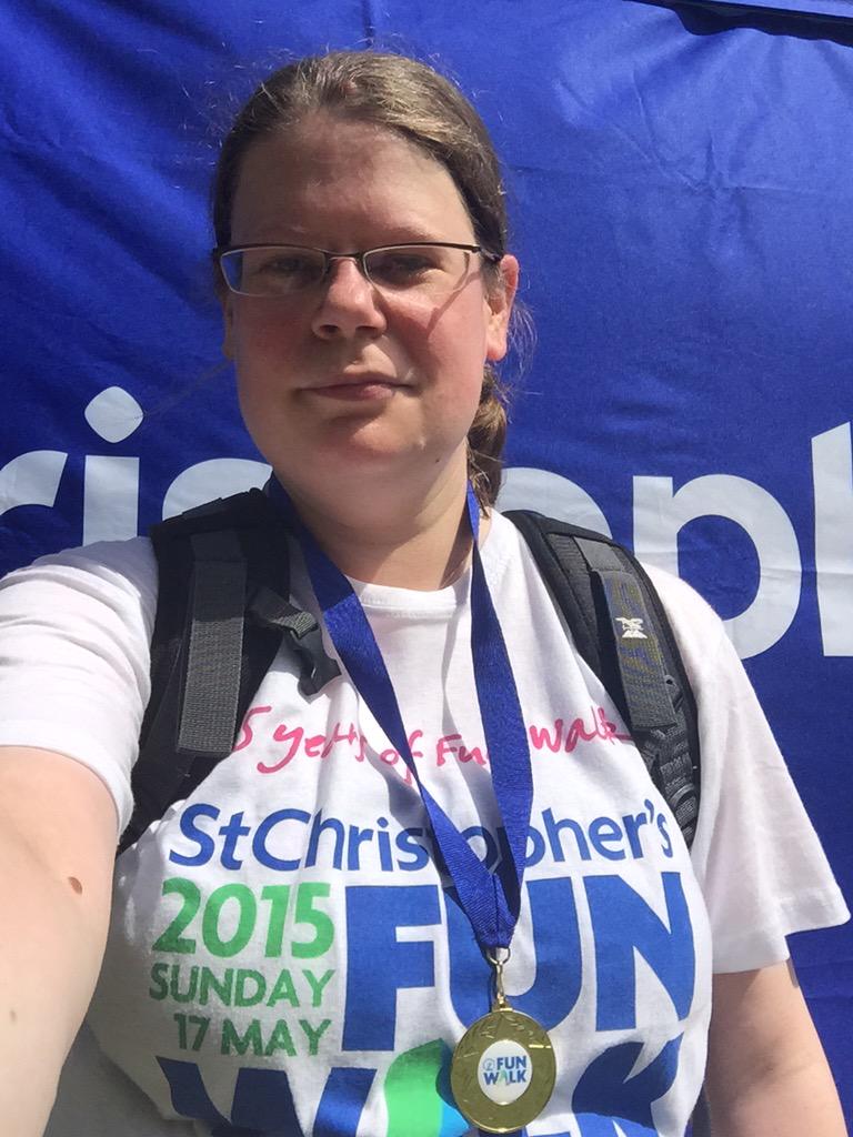 readthewriter's tweet photo. And I'm done. Three hours of walking, and Β£170 raised for @stchfundraising in memory of my Grandma. #FunWalk15 http://t.co/9NFFyIZMnN