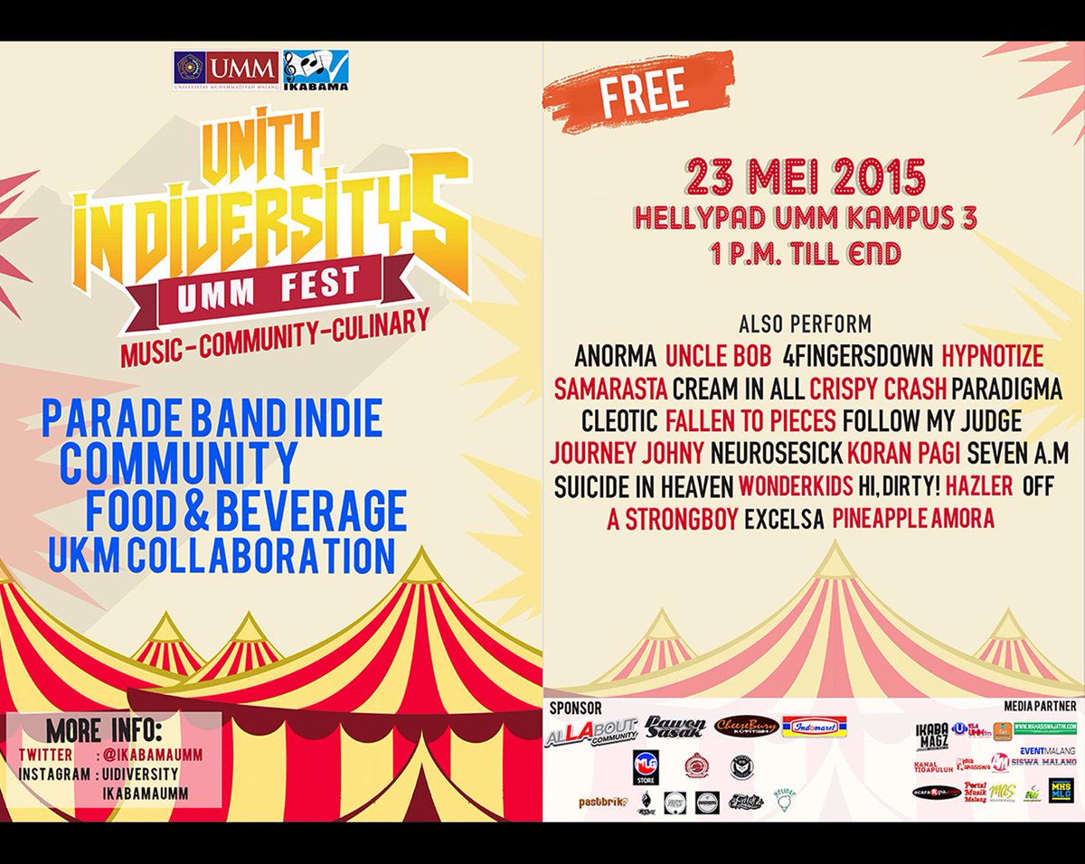 UNITY IN DIVERSITY 5. “UMM Fest” Sabtu 23 Mei at Hellypad UMM. it's FREE. Info cek ig : <a href="/uidiversity/">Unity in Diversity</a> <a href="/IkabamaUmm/">IKABAMA UMM</a>