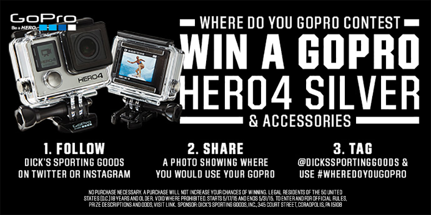 DICKS's tweet photo. For a chance to win a GoPro HERO4, follow us &amp; show us a photo of #WhereDoYouGoPro. http://t.co/ZXeymNbaN6 http://t.co/HMVHYRQdT0