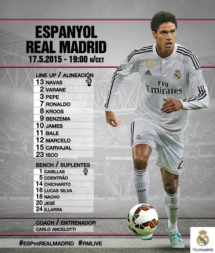 realmadrid's tweet photo. Once inicial del Real Madrid frente al Espanyol.  #ESPvsRealMadrid #RMLive http://t.co/00p8mfDtwA