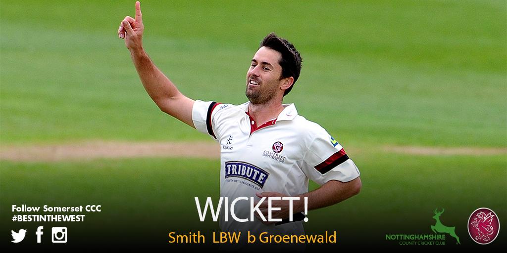 SomersetCCC's tweet photo. WICKET: Groenewald gets into the action as Smith is LBW. Great start for Somerset. 48/2 with 7 overs left #NOTTSvSOM http://t.co/0pJDcA4B8V