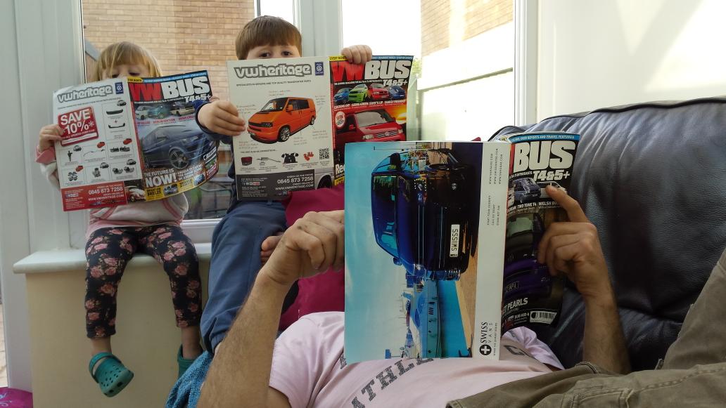 InSightFullPR's tweet image. Happy days chilling reading favourite @VWBusMag picking next mod. Pink wheels, Transformer badge &amp;amp; that just hubby!
