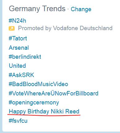   Happy Birthday Nikki Reed is Trend in Germany  