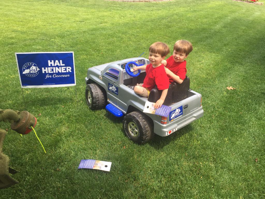 Shaagjr's tweet photo. Walking hard for @HalHeiner. Doing double time with the twins and their campaign vehicle. #twinning http://t.co/G0iEpuMMRM