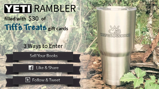 westcampusbooks's tweet photo. Enter to win a #YetiTumbler w/$30 #TiffsTreats: Sell books at our stands, Like &amp; Share, Follow &amp; Tweet for 3 entries. http://t.co/Y62xh1QMty