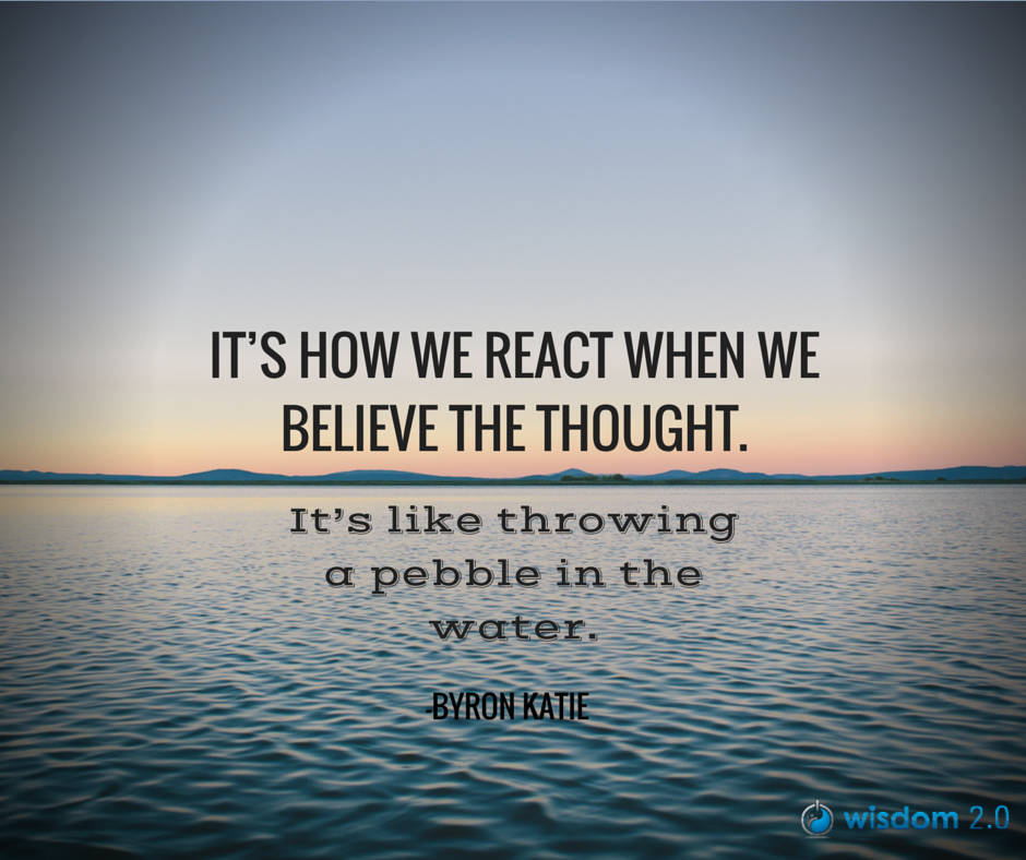 Wisdom2conf's tweet photo. It's how we react when we believe the thought. It's like throwing a pebble in the water. From @ByronKatie #Wisdom2015 http://t.co/Tj52XzG4JF