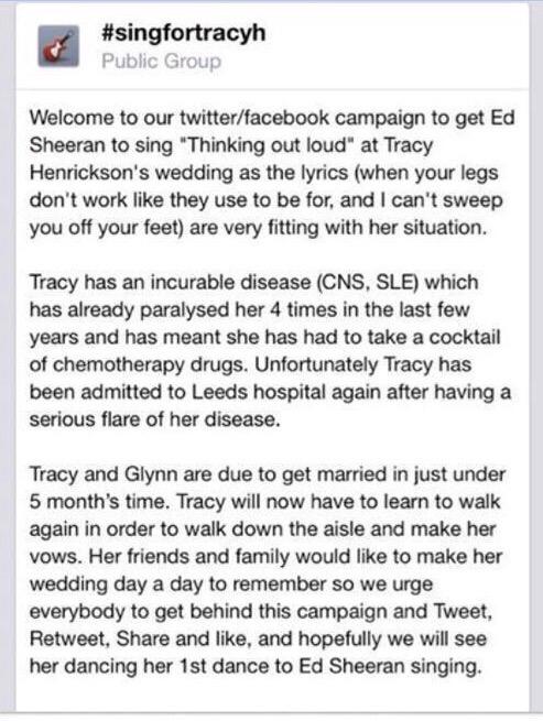 kate_baldwin_14's tweet photo. @flintoff11 Please RT #singfortracyh We'd like @edsheeran to sing for this brave lady's wedding xx http://t.co/Z2snEGPAik