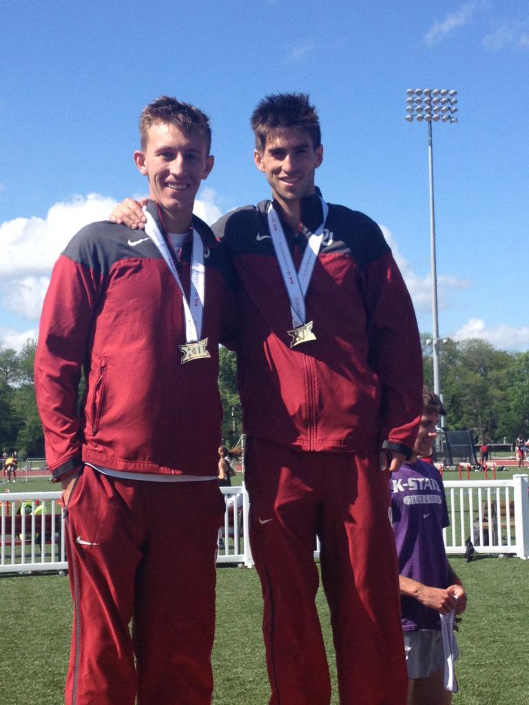OU_Track's tweet image. Brandon and Dylan receiving those precious medals! Champs look like this! #Big12TFchamp #SoonerProud